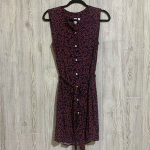 Gap Navy Blue Cherry Print Tie Waist Knee Length Sleeveless Shirt Dress Sz Small